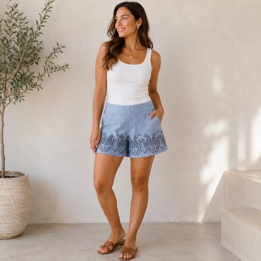 LOFT Riviera Shorts Eyelet Cotton Blue Women Size 10 Coastal Preppy Boho